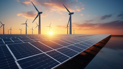 Wind turbines and solar panels on a sunset. AI generative