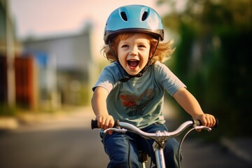 Excited kid boy in a helmet rides a bike first time. AI generative