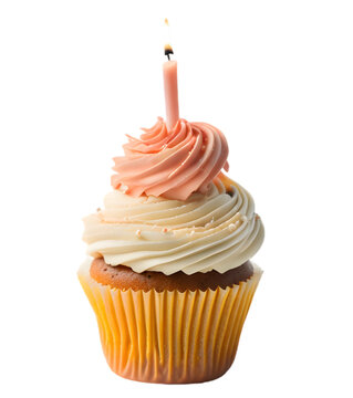 cupcake with candle isolated on white background PNG, birthday cake on transparent background PNG, full HD quality image, ai generative image 