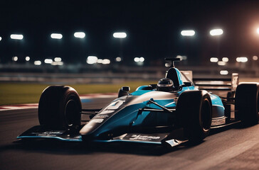 Formula race car on the track at night - obrazy, fototapety, plakaty