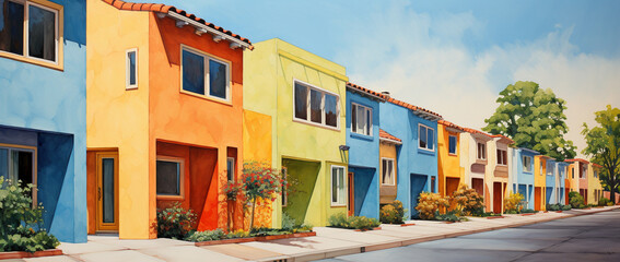 Fototapeta na wymiar Banner of a row of colorful houses on charming street