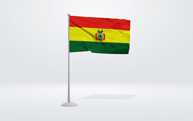 3D illustration of a Bolivian flag extended on a flagpole and a studio backdrop in the background.