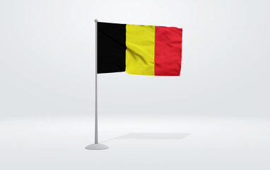 3D illustration of a Belgian flag extended on a flagpole and a studio backdrop in the background.