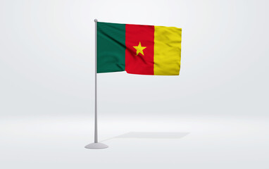 3D illustration of a Cameroonian flag extended on a flagpole and a studio backdrop in the background.