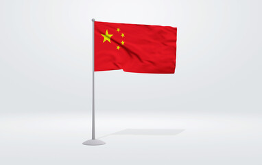 3D illustration of a Chinese flag extended on a flagpole and a studio backdrop in the background.