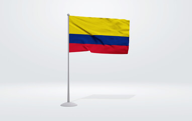 3D illustration of a Colombian flag extended on a flagpole and a studio backdrop in the background.
