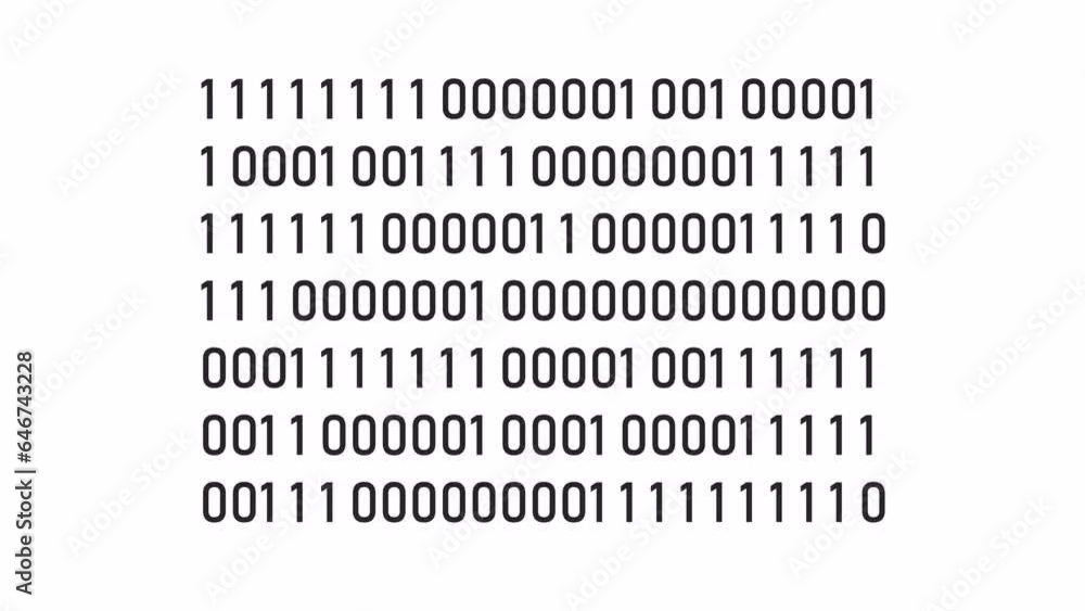 Poster binary computer code bw outline 2d element animation. repeating digits zero one monochrome linear ca