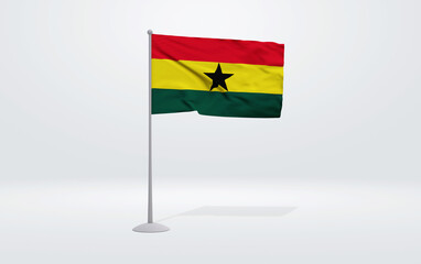 3D illustration of a Ghanaian flag extended on a flagpole and a studio backdrop in the background.
