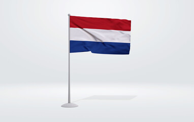 3D illustration of a Dutch flag extended on a flagpole and a studio backdrop in the background.