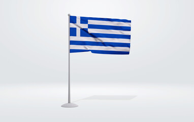 Obraz premium 3D illustration of a Greek flag extended on a flagpole and a studio backdrop in the background.