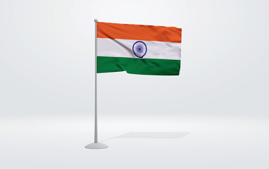 3D illustration of an Indian flag extended on a flagpole and a studio backdrop in the background.