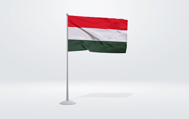 3D illustration of a Hungarian flag extended on a flagpole and a studio backdrop in the background.