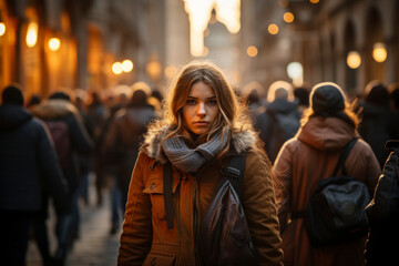 A woman in a large group of people walking down a busy street in a city