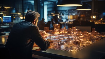 Developer Engineer at Conference Table About, technology concept, no face, back view