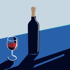 minimal vintage poster with bottle, glass of red wine. Restaurant menu, event invitation, festival, party. Wine tasting concept. Retro vector 