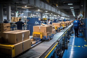 Obraz premium logistics and transportation of packages in China’s vast conveyor belt system. Generated with AI