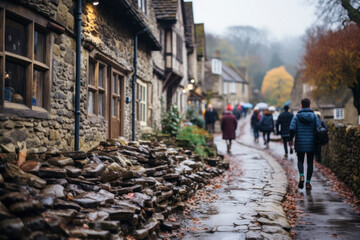 A group of people walking through a small English village in the countryside