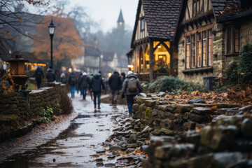 A group of people walking through a small English village in the countryside