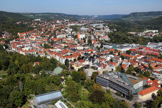 Jena, Germany - September 9, 2023: Aerial view of central Jena, with Zeiss Planetarium and Thuringian State Library. Jena is the second largest city in Thuringia.