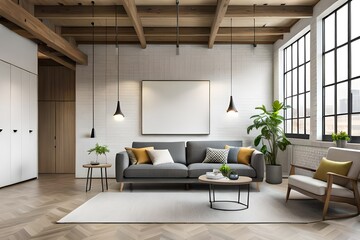 Naklejka na ściany i meble Gray sofa and tv unit in loft interior design of m