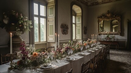 Classical-style luxurious mansion interior, wedding ceremony decor 