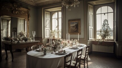 Classical-style luxurious mansion interior, wedding ceremony decor 