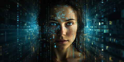 Portrait of a cyber woman in the data stream