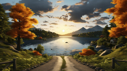 Obraz premium autumn landscape with lake UHD wallpaper Stock Photographic Image