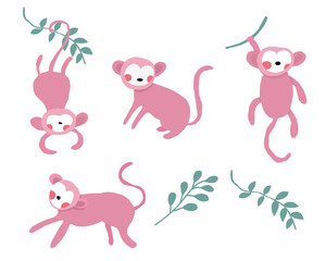 Cute Pink Monkey Illustration Set