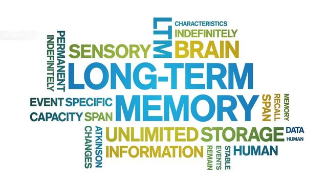 Long-Term Memory animated tag word cloud;text design animation kinetic typography seamless loop.
