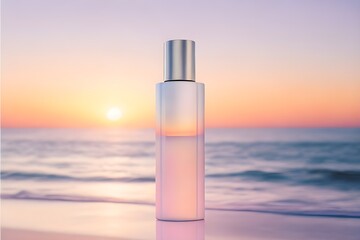 Serene Sunset Ocean View with Elegant Cosmetic Bottle