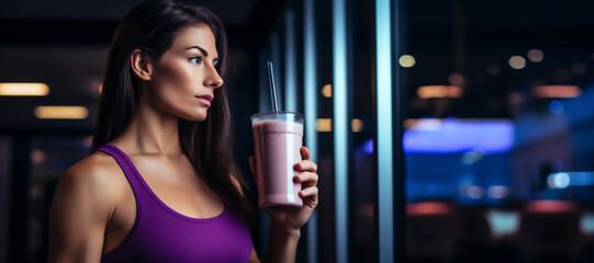 Young fit woman in sport top is drinking strawberry protein shake from glass after workout in fitness center, banner - obrazy, fototapety, plakaty