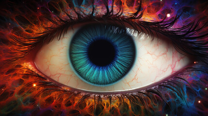macro shot of human retina, nebula, symetrical, vibrant color
