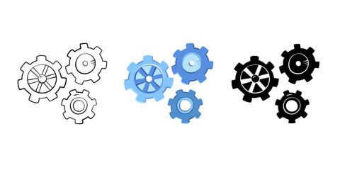 Cog gear set in cartoon style, vector illustration. Hand drawn cogwheel icon, isolated elements on a white background. Mechanism graphic symbol for print and design. Concept teamwork, business