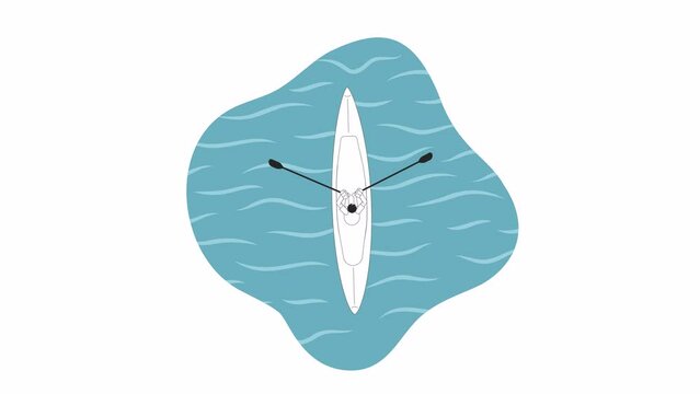 Sea kayaker rowing with paddles bw 2D character animation. Kayaking leisure activity outline cartoon 4K video, alpha channel. Man canoeing boat on river animated person isolated on white background