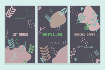 Set of three sale banners (special offer). Three designs with leaves in pastel colors. Vector illustration