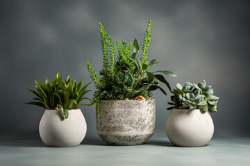 set of plant in a pot on grey background