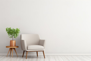 Modern minimalist interior with an armchair on empty white color wall background with copy space - obrazy, fototapety, plakaty
