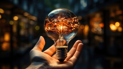 hand holding creative light bulb with technology network icon