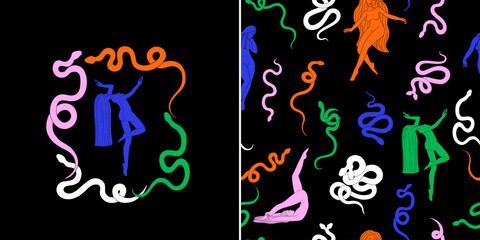 Fototapeta premium magical forest elements. images of a snake, night moth, fly agaric mushrooms, plant and space elements. Ideal for printing on fabric or clothing, wallpaper and wrapping paper