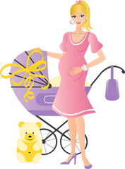 Young pretty blonde pregnant woman with a purple pram and baby shower gifts