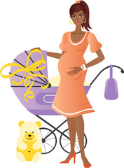 Young pretty indian pregnant woman with a purple pram and baby shower gifts