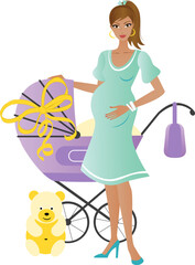 Young pretty dark skin pregnant woman with a purple pram and baby shower gifts