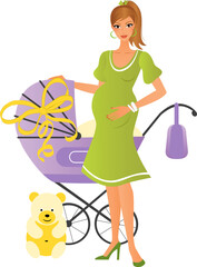 Young pretty brown hair pregnant woman with a purple pram and baby shower gifts