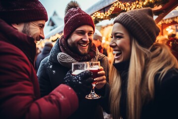 Fototapeta premium Two young cheerful people drinking mulled wine at the christmas market on a winter vacation