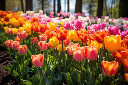 photo of Rows of colorful, blooming tulips in a spring garden