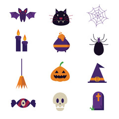 Set of Halloween elements: witch, ghost, spooky castle, mummy, skeleton, funny pumpkin. Perfect for scrapbooking, greeting cards, party invitations, posters, tags, sticker kits. Hand drawn vector illu