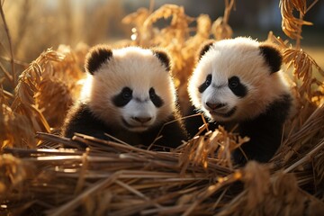 Panda Research Centers: Cute pandas playing and eating bamboo in a conservation center. Generated...