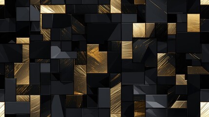 Game black and gold texture stones, rock wall seamless pattern. Cartoon background of rocky road or floor, cobble pavement material textured surface, graphic design