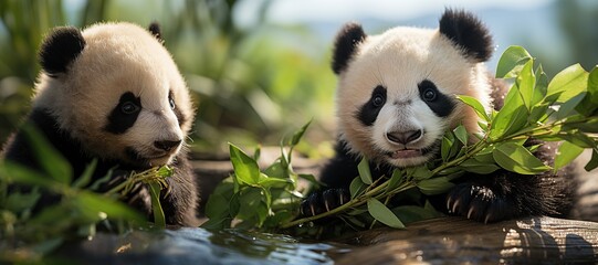 Panda Research Centers: Cute pandas playing and eating bamboo in a conservation center. Generated...
